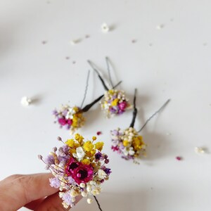 Summer dried flower hairpins Magenta violet yellow hairpins Preserved flowers Bridal hair accessories Natural preserved hairpins Magaela image 8