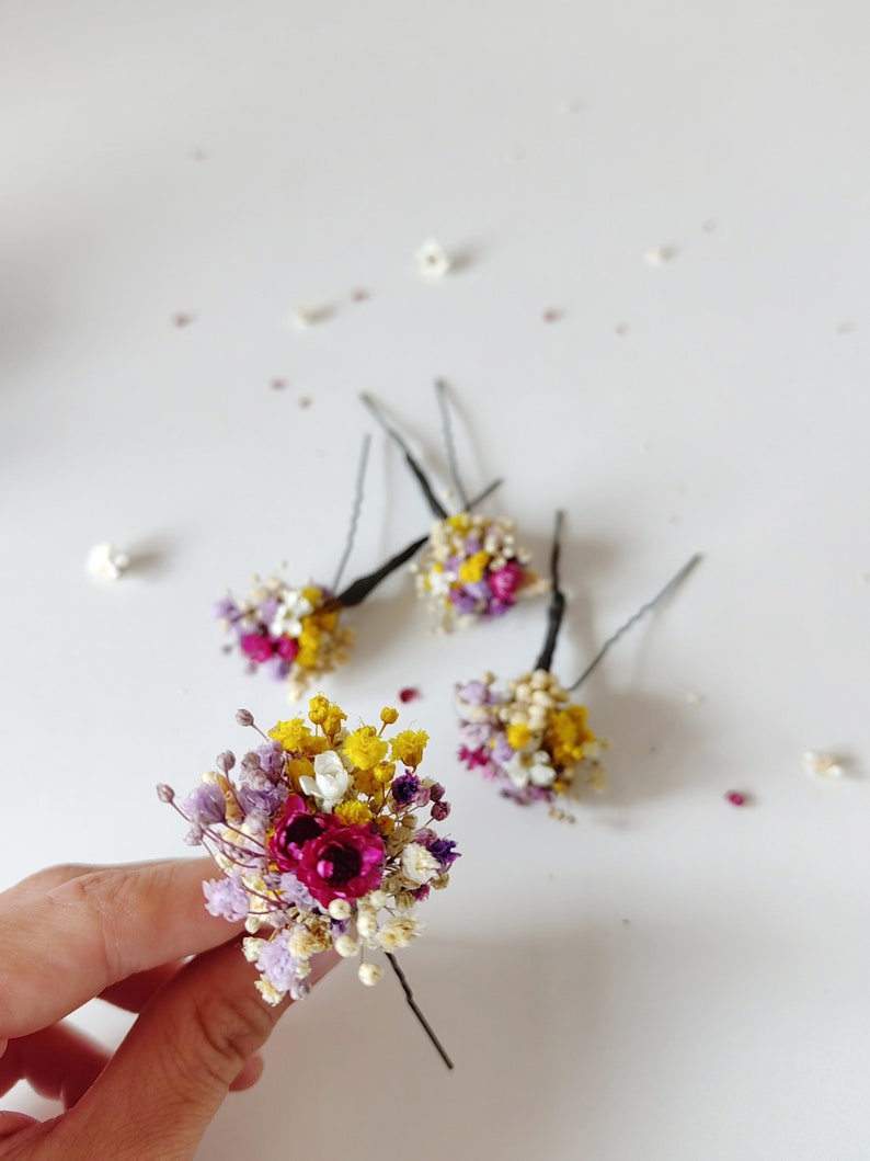 Summer dried flower hairpins Magenta violet yellow hairpins Preserved flowers Bridal hair accessories Natural preserved hairpins Magaela image 8