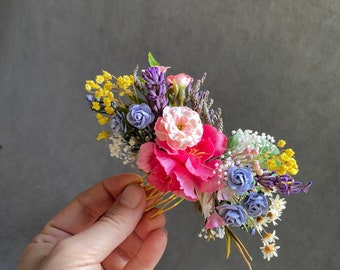 Kleurrijke bloem haar kam Bruidsbloem hoofddeksel Weide bloem kam Lavendel en rozen kam Baby's adem haar kam Wildflowers bruiloft