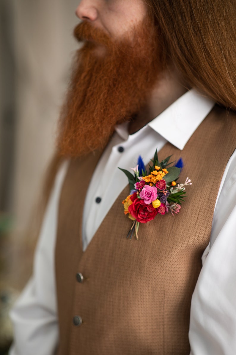 Colorido boutonniere del novio Corsage colorido Boho flor ojal Corsage para el novio Flor boutonniere Boda de verano Magela imagen 4