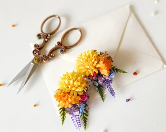 Colorful flower earrings Wedding earrings Orange Yellow summer wedding earrings Bridal flowers Jewellery Stud earrings Magaela Frida style