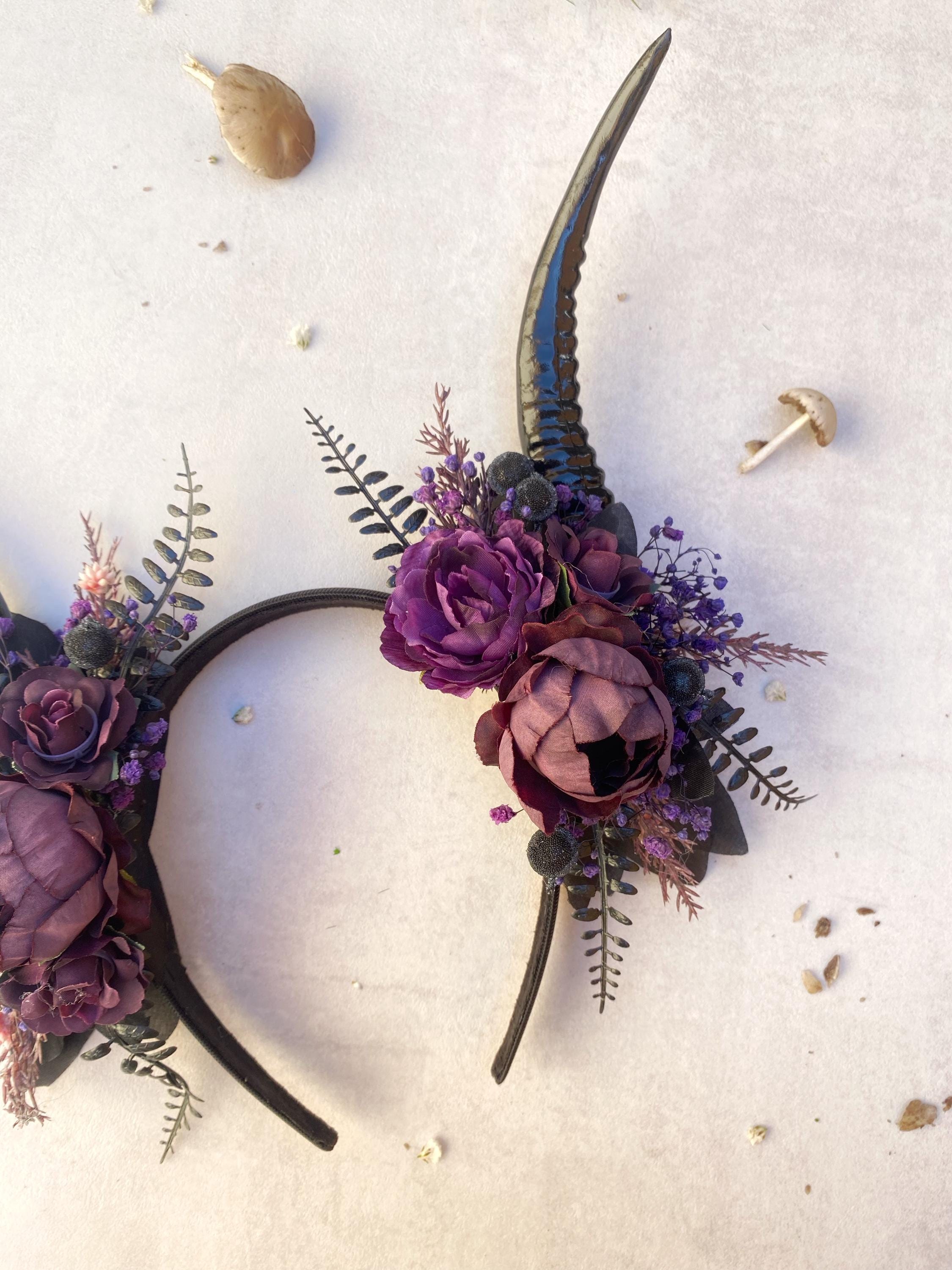 Halloween Witch Floral Headpiece with Burgundy and Purple Accents Rats Eyes Purple Witch Hat with Rose & Spider – Masquerade Store main image 2