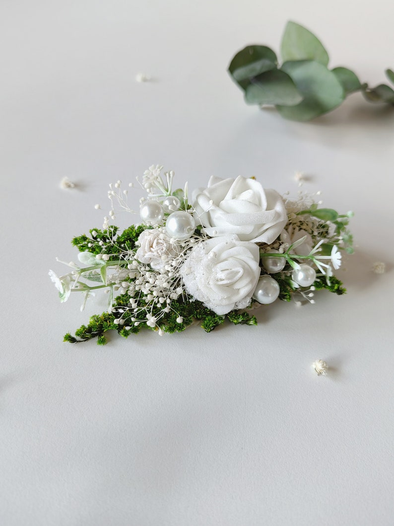 First holy communion clip with roses and pearls Flower hair comb Barrette flower clip Flower girl Bridal accessories White flower headpiece image 8