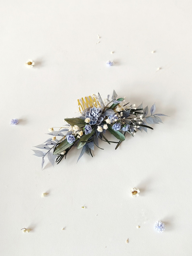 Romantic bridal hair comb Baby blue flowers Blue bridal hair comb Greenery hair comb Bridal hairstyle Blue and green hair comb Flower hair image 3