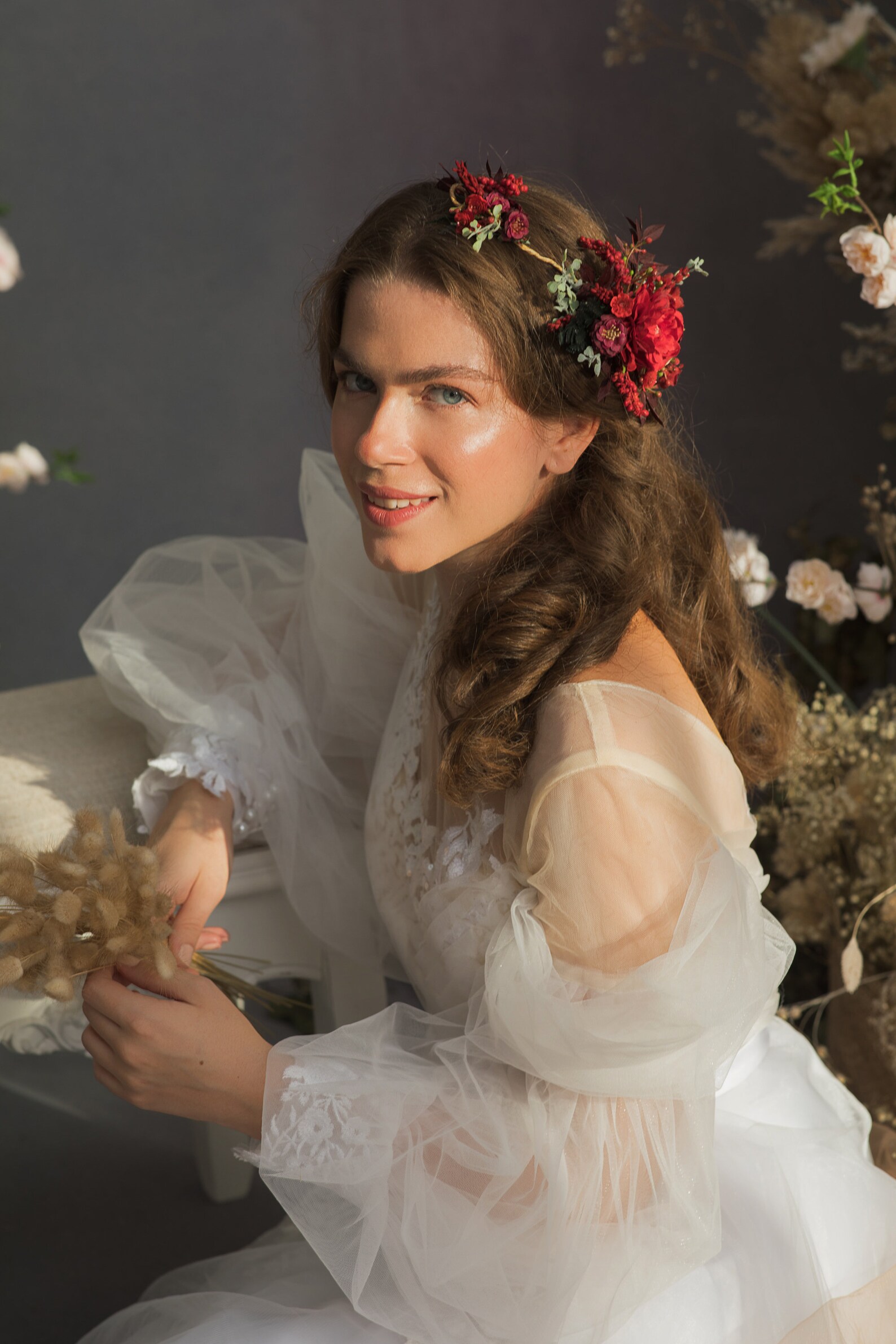 Red Flower Hair Vine Bridal Wedding Headpiece Bride to Be Etsy