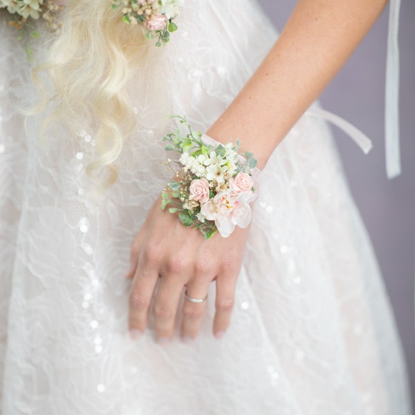 Romantic flower bracelet Wedding bridesmaid bracelet Blush rose wrist corsage with ribbon Bridal accessories Custom wedding bracelet Magaela