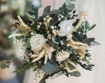 Grüner Hochzeitsstrauß Weiße Pfingstrose Blumenstrauß Eukalyptus Brautstrauß Hochzeitsaccessoires Personalisierter Strauß Natürliche Boho Hochzeit