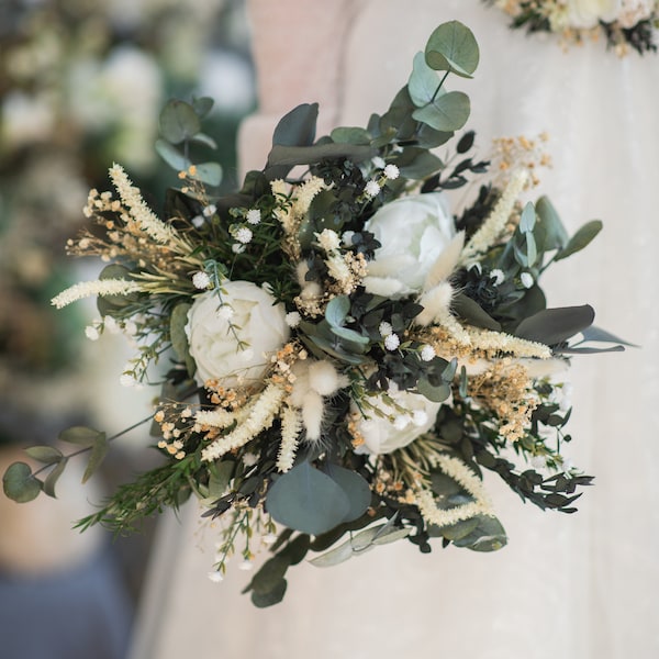 Bouquet de mariage de verdure Bouquet de fleurs de pivoine blanche Bouquet de mariée Eucalyptus Accessoires de mariage Bouquet personnalisé Mariage bohème naturel