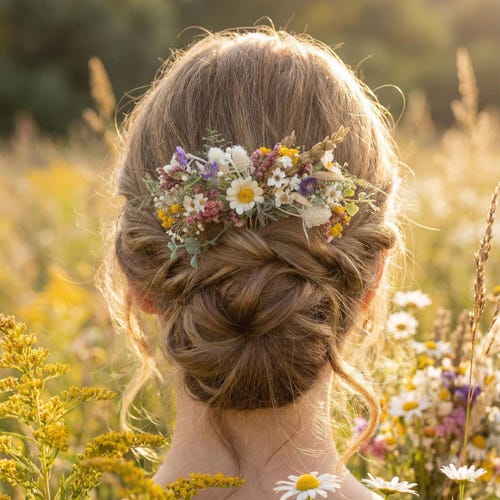 Peigne de mariée fleurs sauvages, postiche de mariage bohème, accessoire de cheveux fleur des prés, casque de mariée rustique