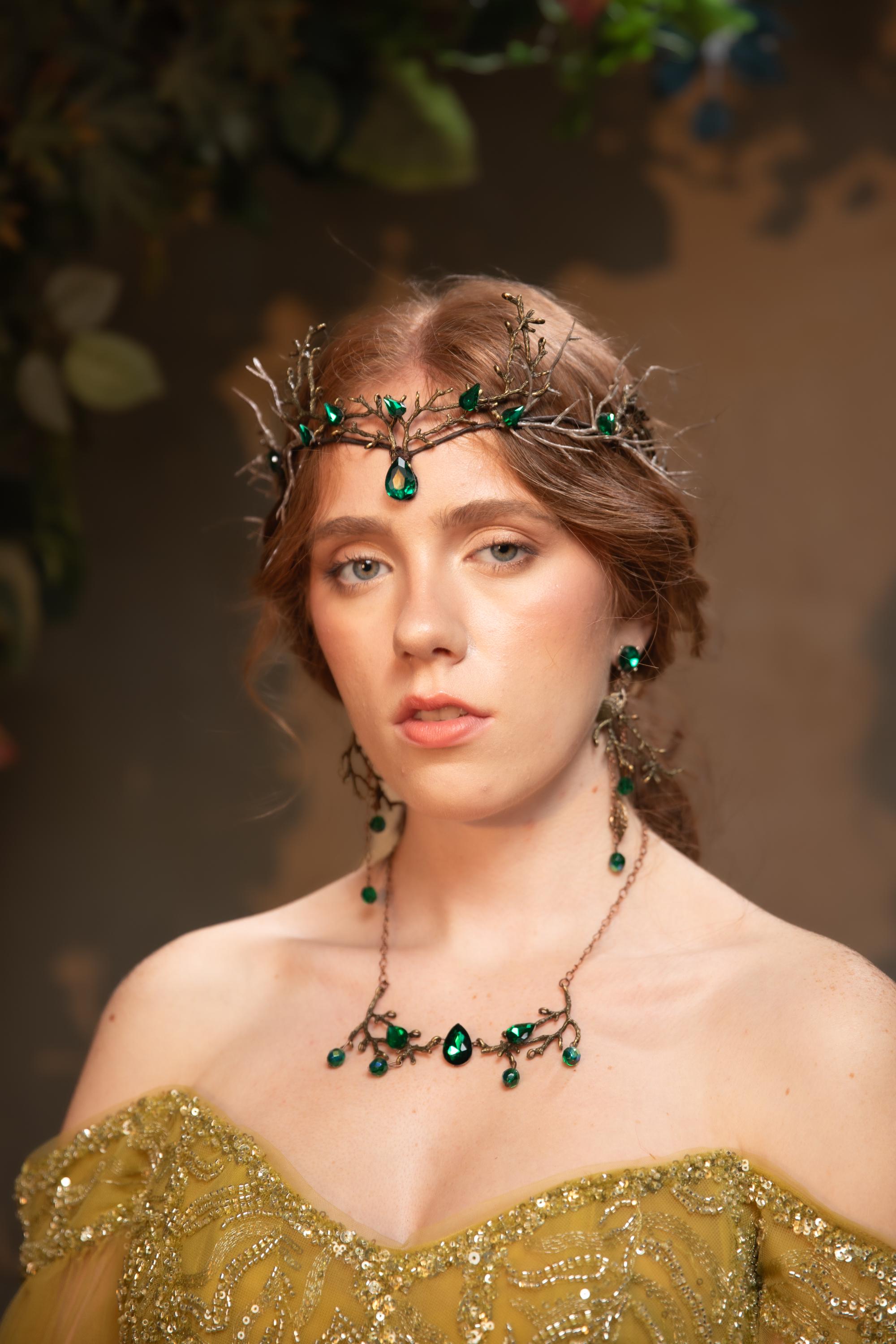 Woodland Fairy Baroque Queen Crystal Bridal Tiara Crown Wedding Hair Jewelry Handmade Metal Woodland Elven Forest  main image 4