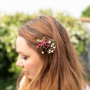 Clip de cheveux de fleur de bourgogne de mariage Accessoires de mariée Clip dhaleine de bébé Magaela accessoires clip de fleur de mariage cheveux de vin rouge morceau de cheveux fait main image 3