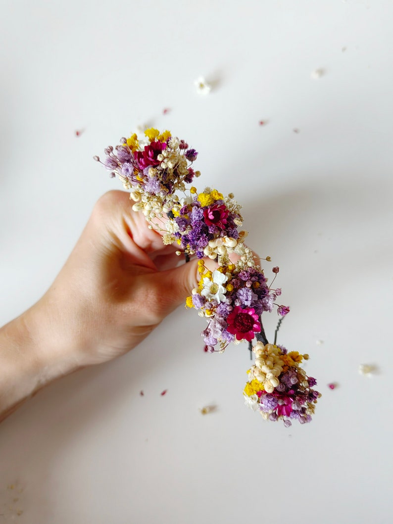 Summer dried flower hairpins Magenta violet yellow hairpins Preserved flowers Bridal hair accessories Natural preserved hairpins Magaela image 5