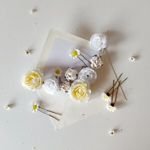 Romantic flower hairpins Roses Peonies White Yellow Cream flowers Set of hairpins Bridal hair Hairpins for kids Boho wedding Rustic wedding