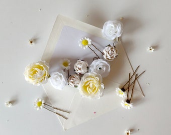 Romantic flower hairpins Roses Peonies White Yellow Cream flowers Set of hairpins Bridal hair Hairpins for kids Boho wedding Rustic wedding