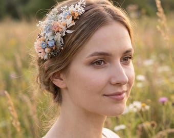 Floral Side Headband with Flowers in Pastel Blue and Blush Peach