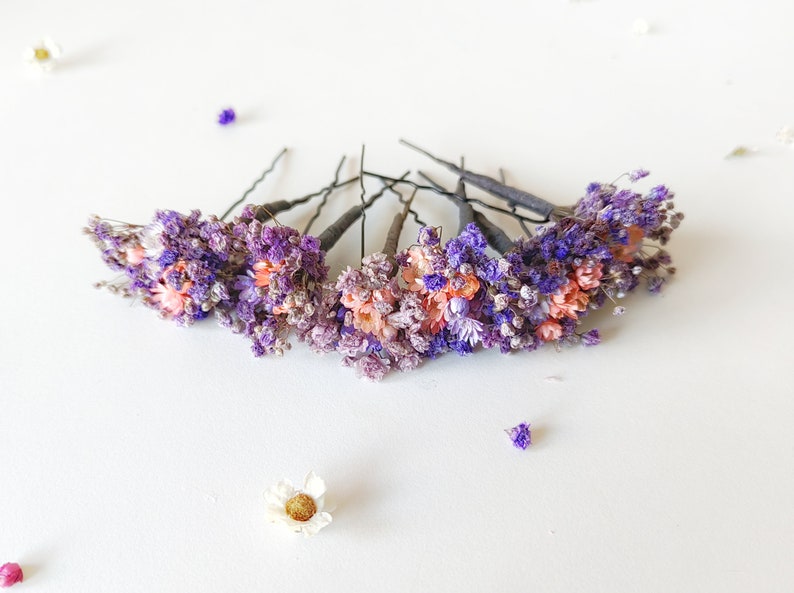 Purple flowers dried hairpins Lilac and pink baby's breath flower clips Romantic violet wedding Bridal flower hair pins Bridal hair Magaela image 3