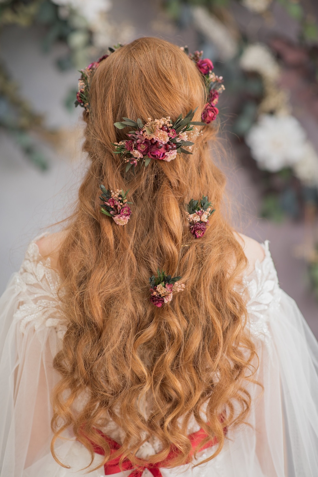 Burgundy Flower Hair Comb & Pins: Autumn Wedding Hair  display picture 1