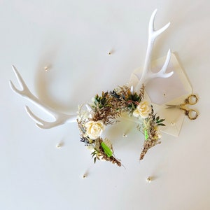 Halloween crown with deer antlers Black flower crown Horns crown Samhain Headband Ivory antlers Bride Photo shoot Wedding Headpiece Woodland image 8