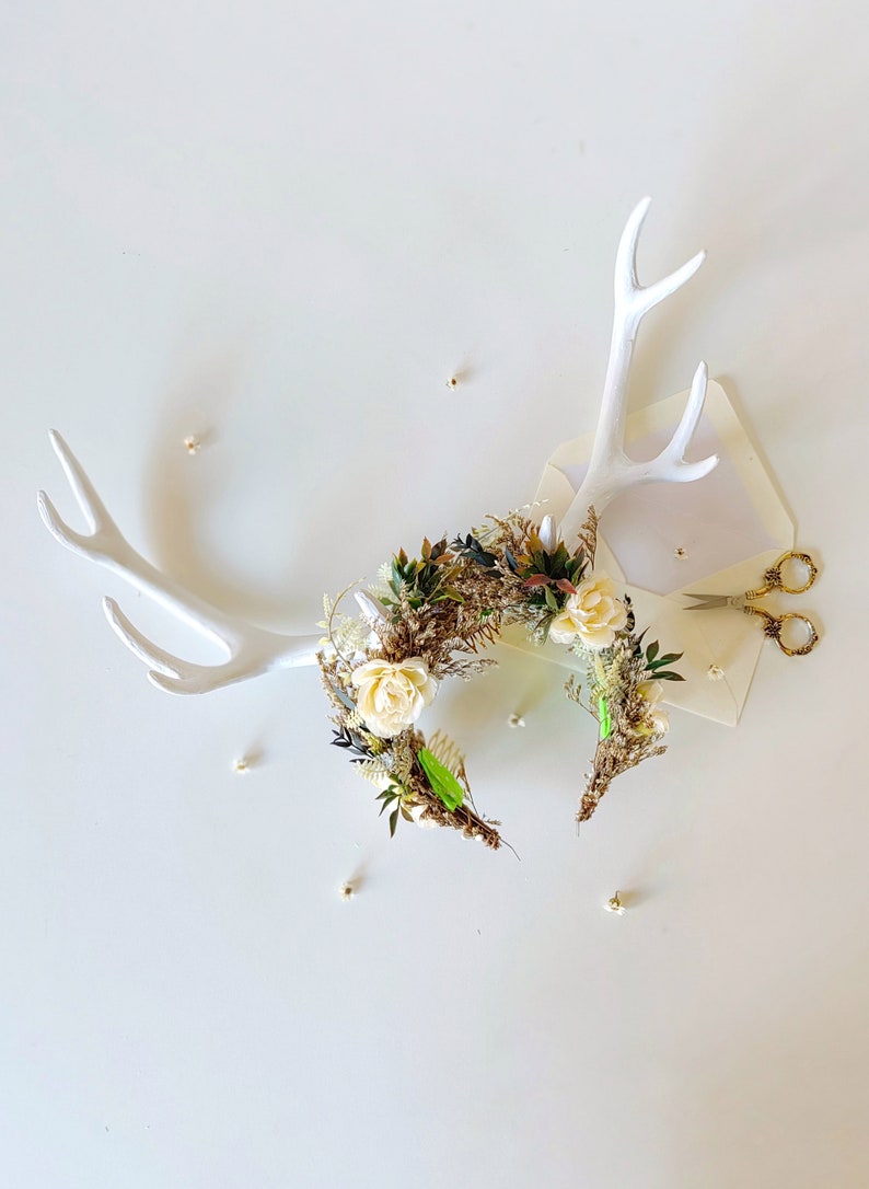 Halloween crown with deer antlers Black flower crown Horns crown Samhain Headband Ivory antlers Bride Photo shoot Wedding Headpiece Woodland image 8