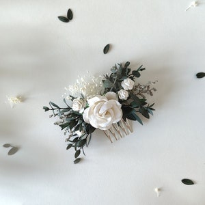 Peine de pelo verde romántico Peine de flores nupciales con rosas Peine de pelo blanco y verde Boda Boho Tocado blanco Magaela hecho a mano imagen 7