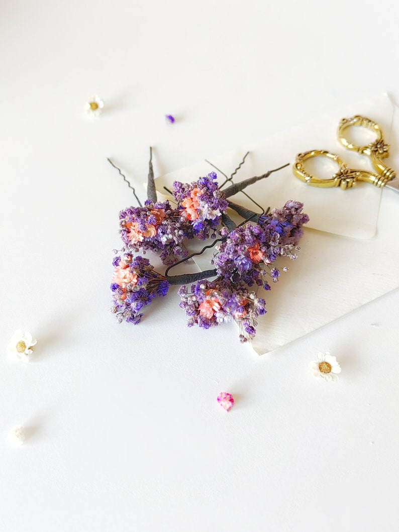 Purple flowers dried hairpins Lilac and pink baby's breath flower clips Romantic violet wedding Bridal flower hair pins Bridal hair Magaela image 2