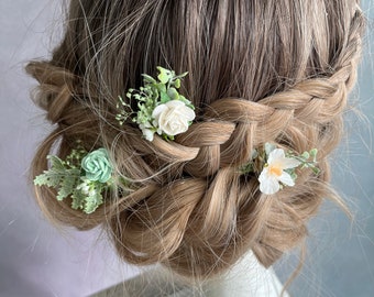 Horquillas de flores verde salvia Pasadores de pelo rosa blanca nupcial Joyas de boda Accesorios para el cabello Peinado de novia Clip para el cabello Magaela Horquillas florales