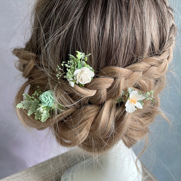 Épingles à cheveux à fleurs vert sauge Épingles à cheveux rose blanche nuptiale Bijoux de mariage Accessoires pour cheveux Coiffure de mariée Coupe de cheveux Magaela Épingles à cheveux florales