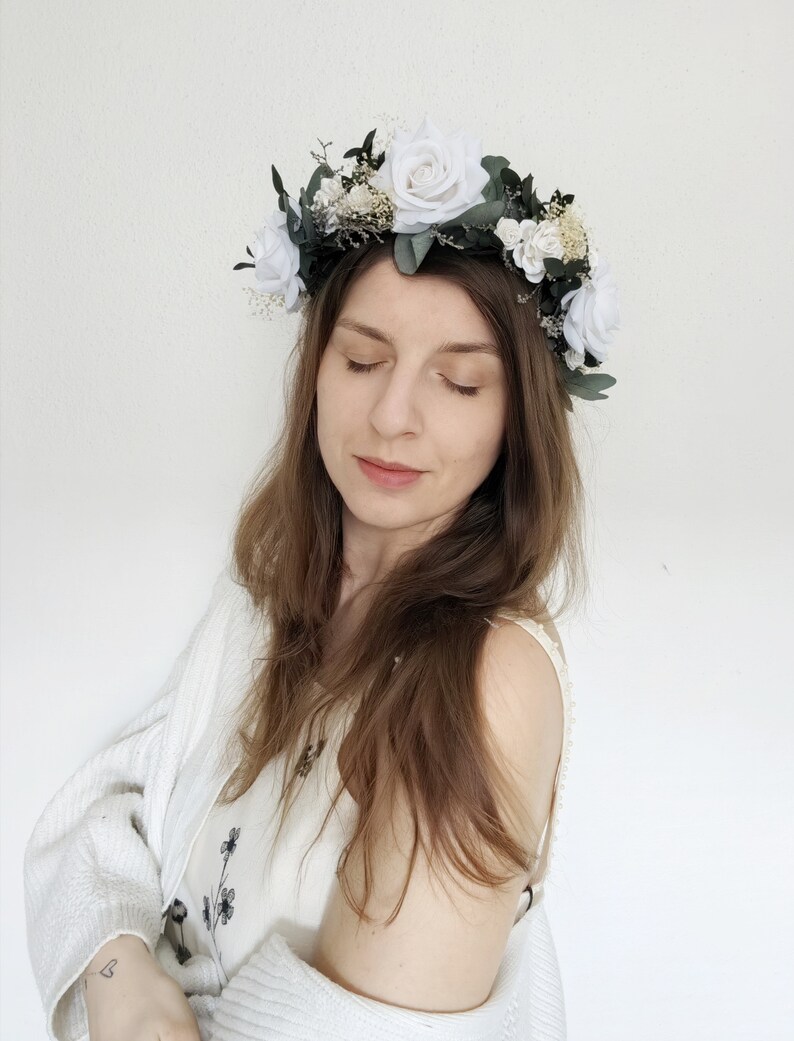 Eucalyptus bridal hair wreath Eucalyptus and white roses crown Greenery wedding Boho flower crown Fairycore Flower boho wreath Bride to be image 7