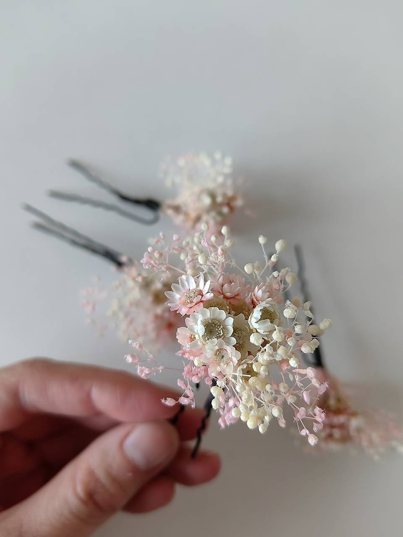 3/5/10pcs Romantic flower hairpins Hairpins from dried flowers Wedding floral accessories Blush and ivory hair pins Magaela accessories image 3