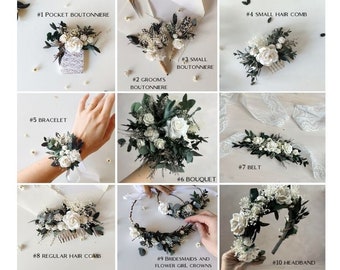 Romantic greenery wedding set White roses eucalyptus flower crown Wedding bouquet Bridal headband Bridesmaid bracelets Pocket boutonniere