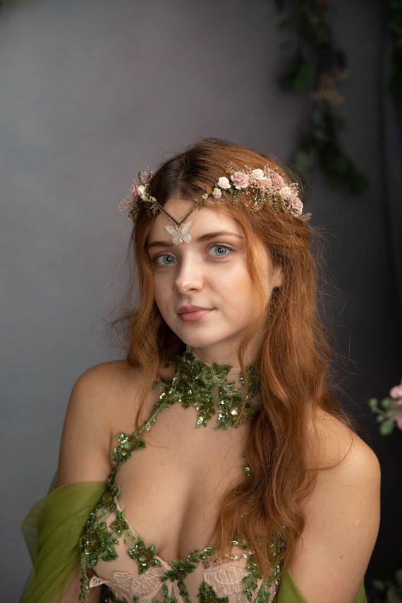 Vintage Blush Flower Crown: Bridal Elven Tiara with Butterfly