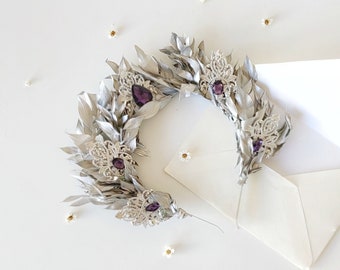 Silver bridal crown Prom or ball crown Wedding crown Elegant flower hair tiara for bride Silver leaves crown Magaela Glam wedding Vintage
