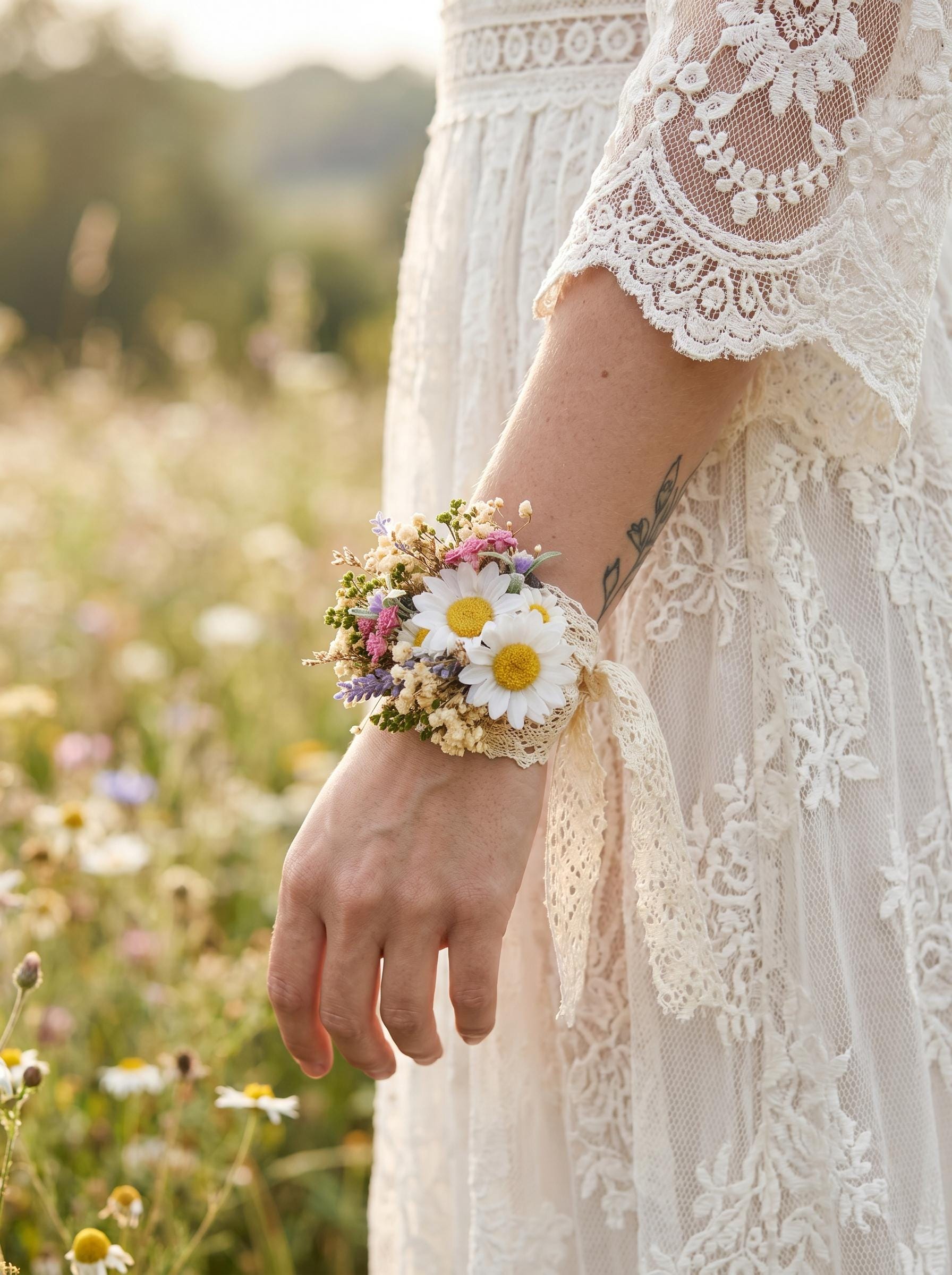 Daisy Flower Bridal Corsage: Meadow Spring Lace Wrist Bracelet
