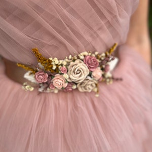 Romantic flower belt Dusty pink flower sash Pastel pink wedding belt for dress Romantic belt with ribbon Wedding flower jewellery Magaela zdjęcie 6