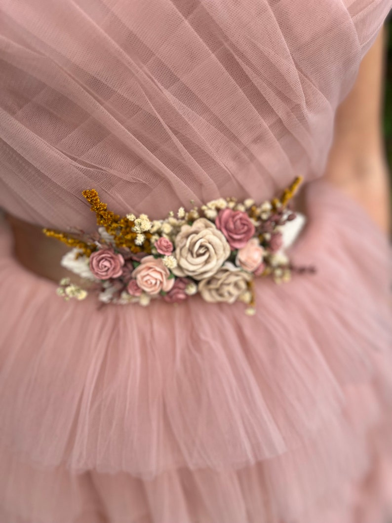 Romantic flower belt Dusty pink flower sash Pastel pink wedding belt for dress Romantic belt with ribbon Wedding flower jewellery Magaela zdjęcie 6