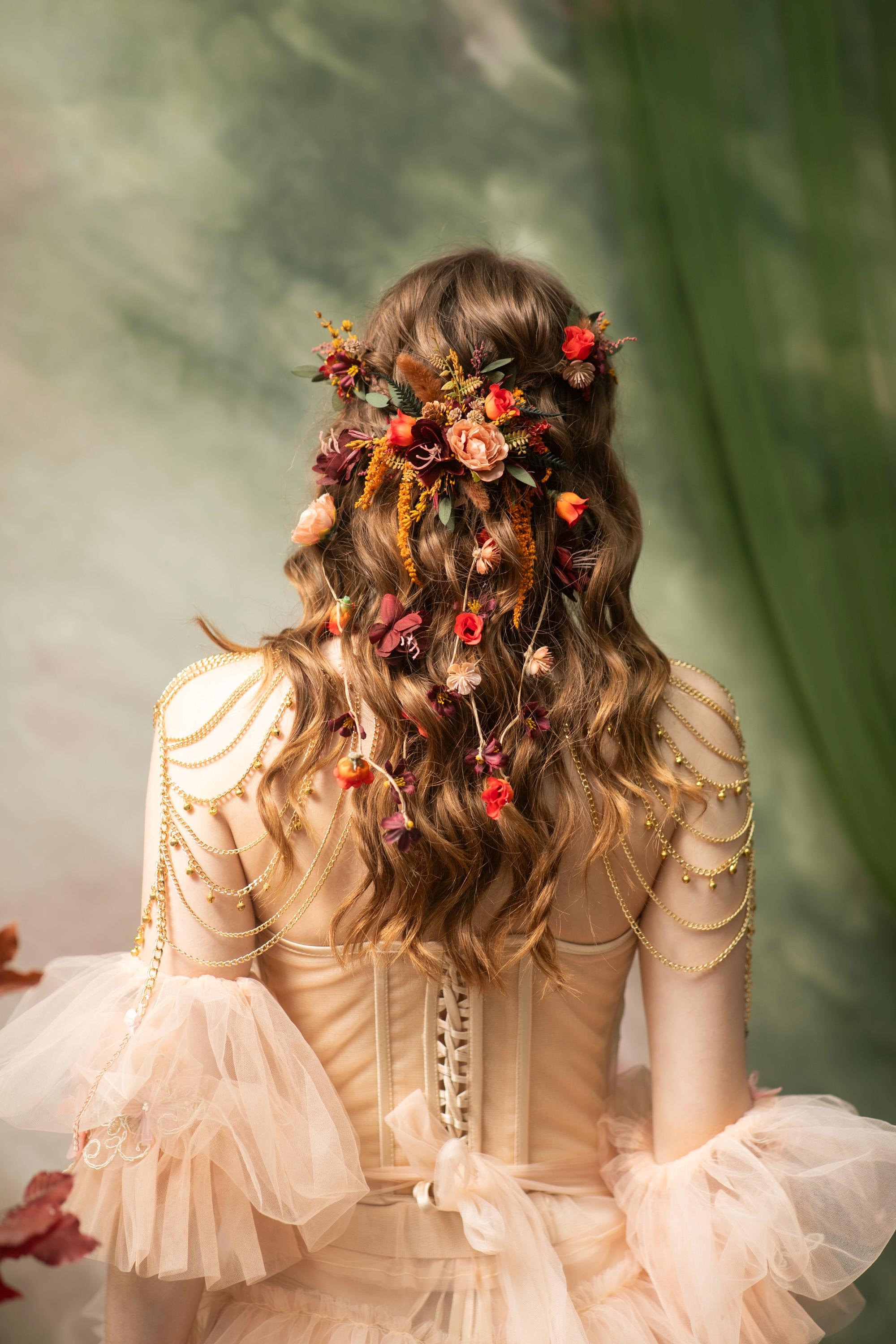 Autumn bendable bridal vine with flower veil Bridal hairstyle Shapable hair vine Fall hair accessory Fall collors Autumn wedding Cottagecore