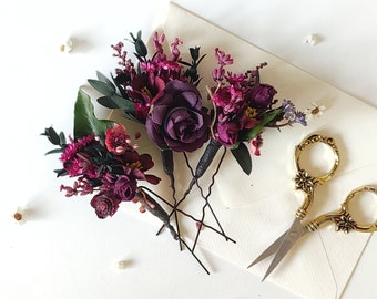 Dark purple flower hairpins Violet wedding hair pins Burgundy purple bridal accessories Headpiece for bride Flower hair clips Magaela