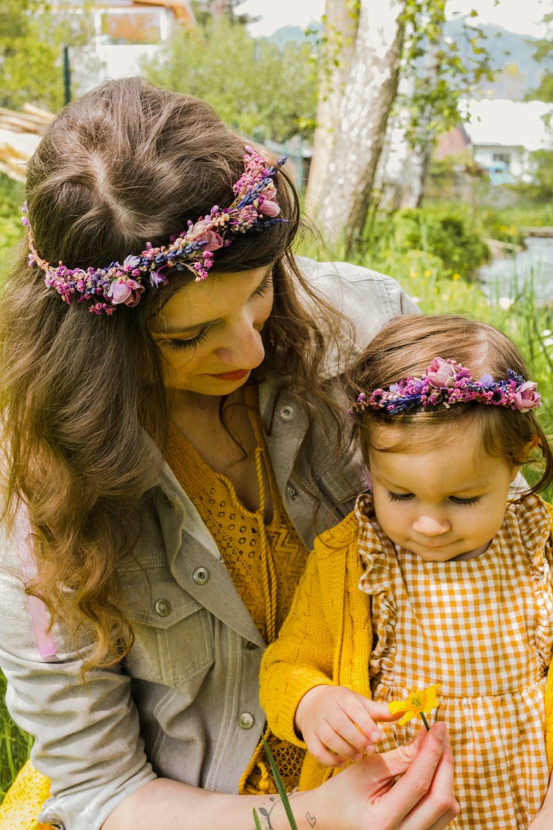 Pink and purple flower hair crowns Set of matching crowns Mummy and me Wedding accessories Children photo props flower girl headpiece image 1