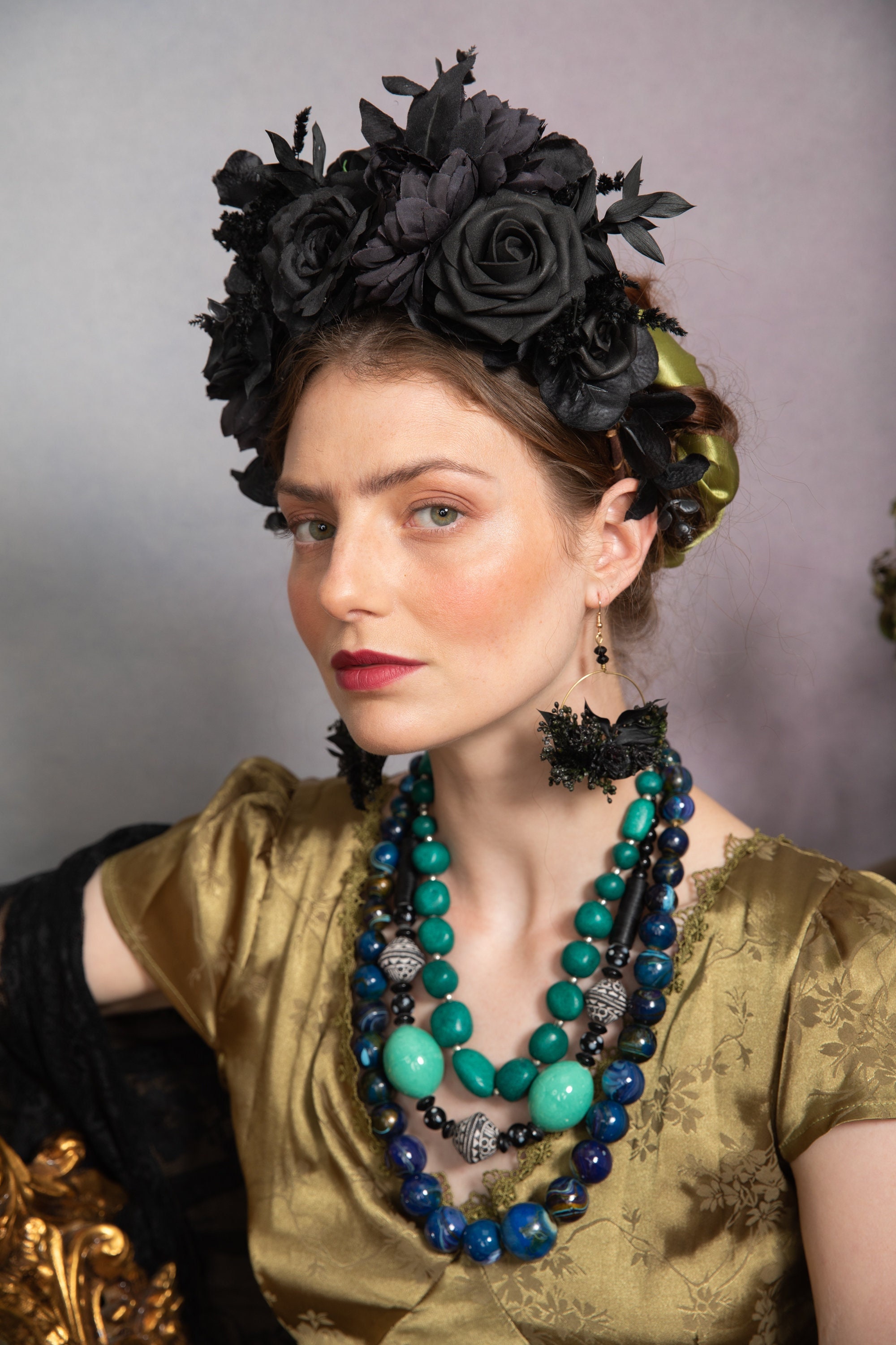 Black Frida flower headband Halloween flower headpiece Gothic wedding Dia de los muertos Day of the dead headband Big black crown Magaela