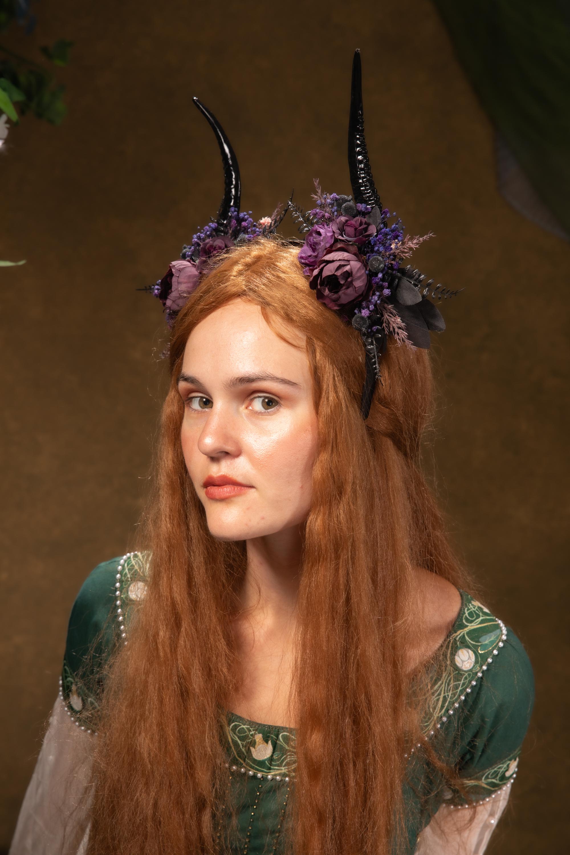 Purple Horns Flower Crown: Gothic Witch Headpiece, Pagan  display picture 1