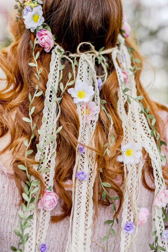 Romantic Boho Meadow Flower Wreath With Veil Beltane Daisy