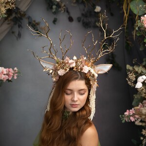 Fairytale Crown With Deer Antlers Pink Flower Crown Horns - Etsy