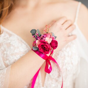 Fuchsia flower bracelet Magenta bridal bracelet Romantic Pink rose wrist corsage Bridesmaid gift Wedding accessories Magaela jewellery image 2