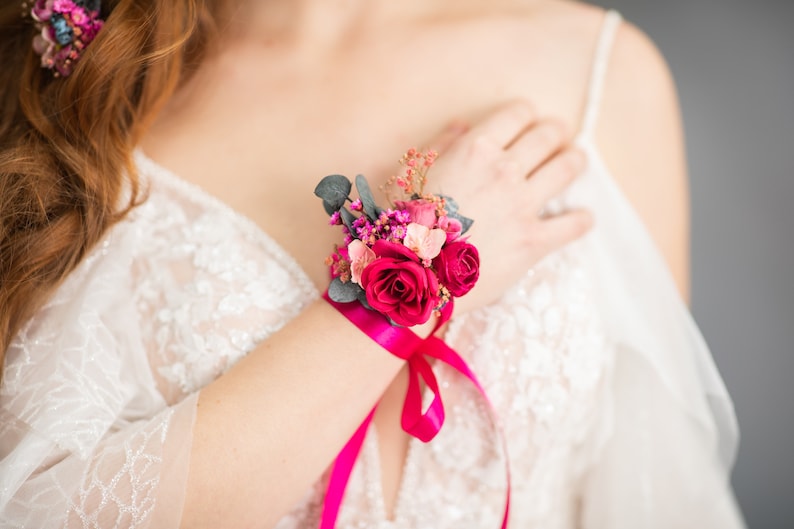 Fuchsia flower bracelet Magenta bridal bracelet Romantic Pink rose wrist corsage Bridesmaid gift Wedding accessories Magaela jewellery image 2