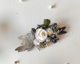 Flower boho comb Bridal hair comb White roses hair comb Baby blue roses hair comb  Eucalyptus boho hair comb Bridal hair accessory Magaela