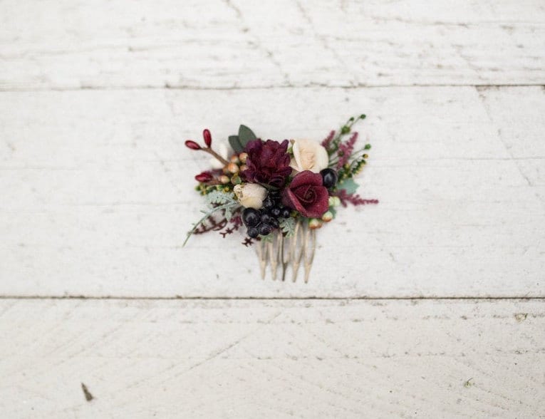 Burgundy Floral Mini Hair Comb: Woodland Wedding Accessory