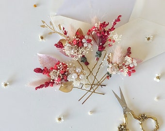 Glamour flower hairpins Red and gold wedding hair pins Flower bridal accessories Headpiece for bride Rustic hair clips  Vintage wedding