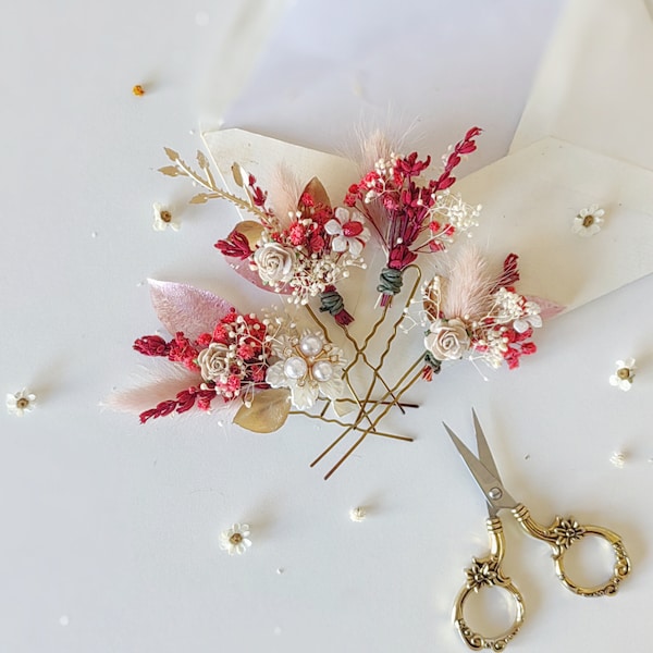 Glamour flower hairpins Red and gold wedding hair pins Flower bridal accessories Headpiece for bride Rustic hair clips  Vintage wedding