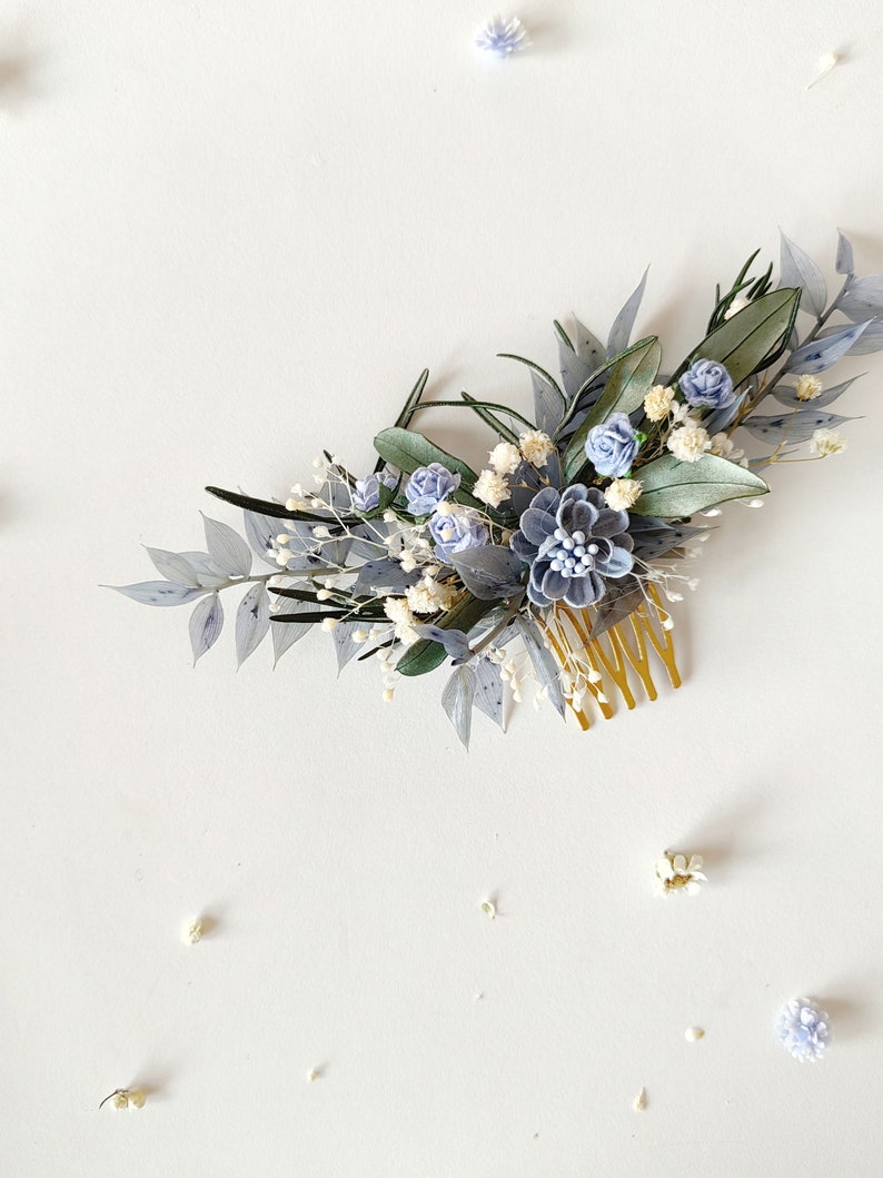 Romantic bridal hair comb Baby blue flowers Blue bridal hair comb Greenery hair comb Bridal hairstyle Blue and green hair comb Flower hair image 4