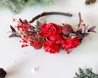 Red and burgundy flower headband Christmas wedding Bride to be Hair accessories Magaela Romantic flower headpiece Flower girl headpiece